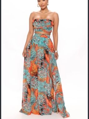 Tropical Strapless Maxi Dress in Teal & Orange